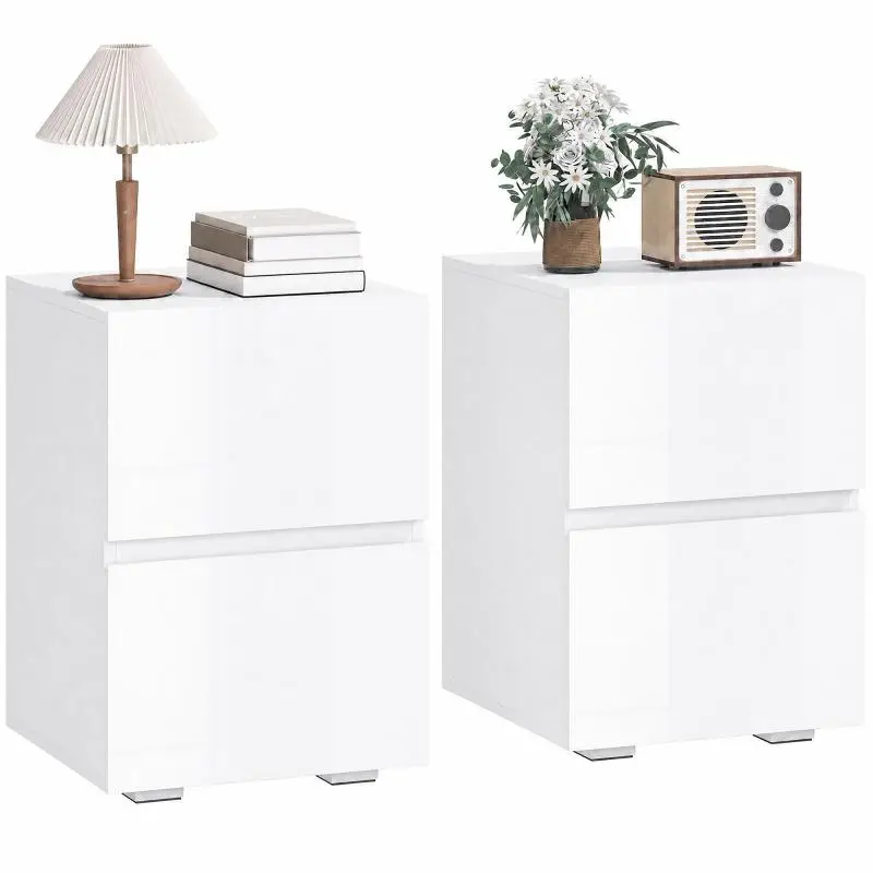 Set of 2 Narrow Nightstands with 2 Drawers, White