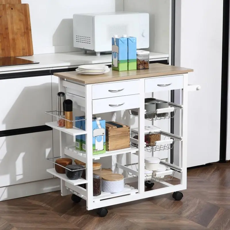 Kitchen Serving Cart with Drawers and Baskets, White