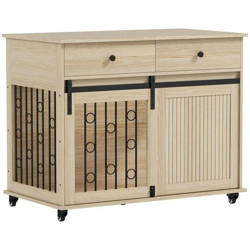 Dog crate on wheels, 2 doors, 2 drawers, for medium and large dogs, wood, steel