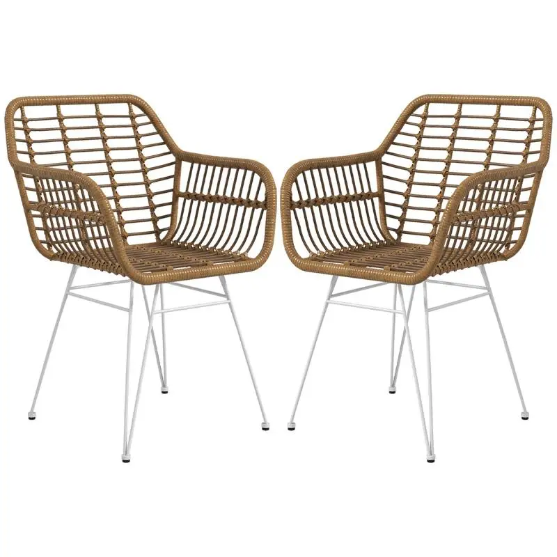 Set of 2 Rattan Dining Chairs, Light Brown and White