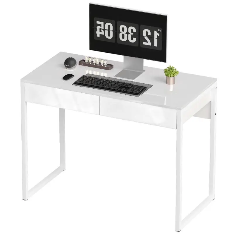 Desk with 2 Drawers and Steel Legs, 100 cm, Gloss White