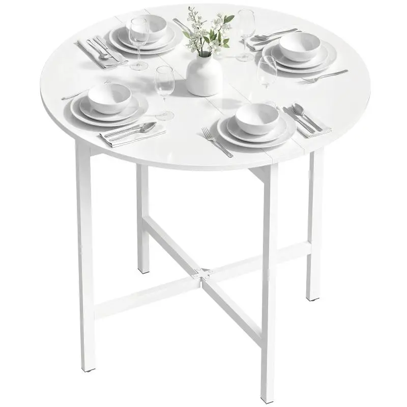 Folding dining table, round kitchen table ( Diameter 80 cm) for 4 people with 2 drop leaves, steel legs, white