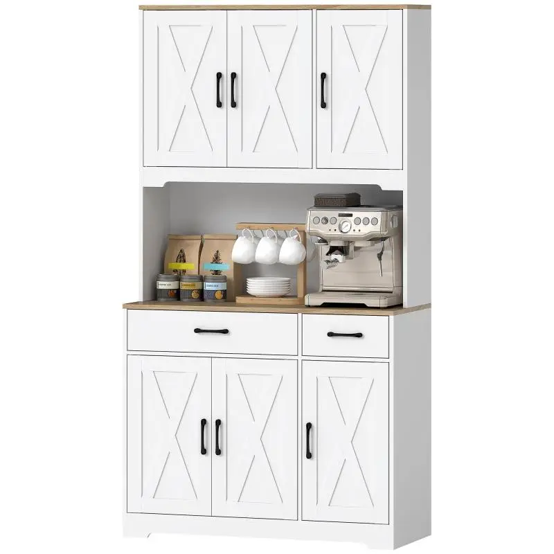 Kitchen Cupboard with 6 Doors, Microwave Countertop, 2 Drawers, Adjustable Shelves, and Cable Port – White