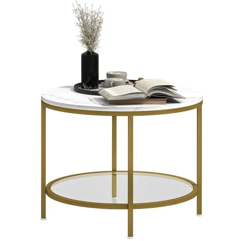 Modern round 2-tier living room coffee table with marble-effect top and tempered glass shelf, Diameter 60 x 45 cm, white and gold