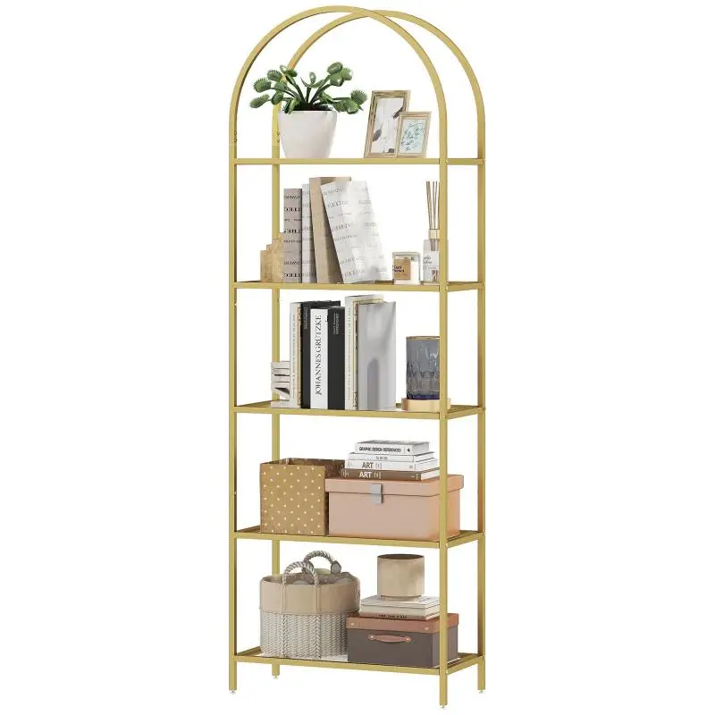 5-Tier Glass Shelving Unit – Arched Frame Narrow Bookcase/Storage Shelf – 60x30x175 cm – Gold