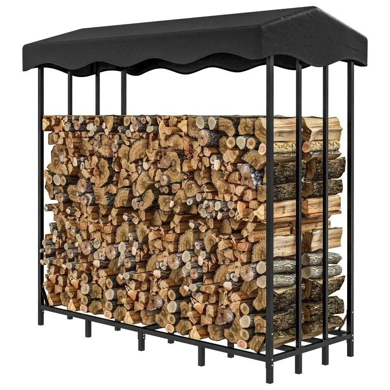 Reinforced Metal Outdoor Log Rack with Cover, 2000kg Capacity, Black