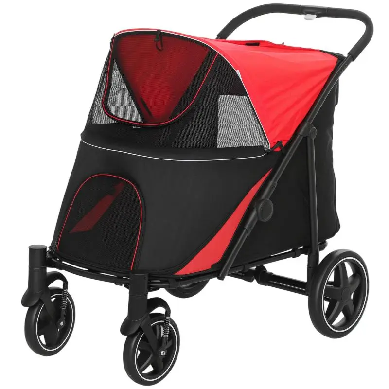 Foldable Dog Stroller with Zippered Entrances and Mesh Windows, 112x67x100 cm, Black and Red