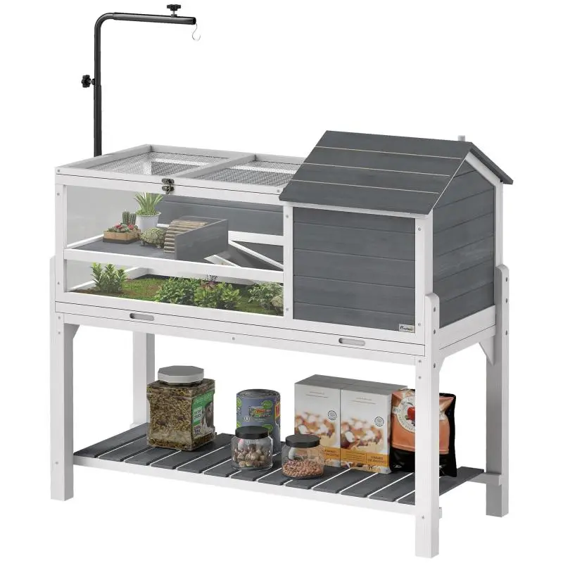 Wooden Tortoise Enclosure with Adjustable Lamp Holder, Hinged Roofs, Removable Tray, and Bottom Shelf