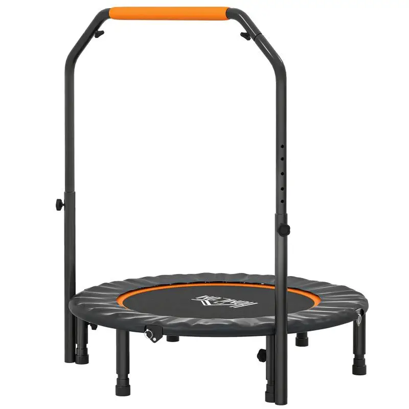 Fitness and gymnastics trampoline with adjustable handle, foldable, 6 legs, 28 springs, Diameter 102 cm, black/orange