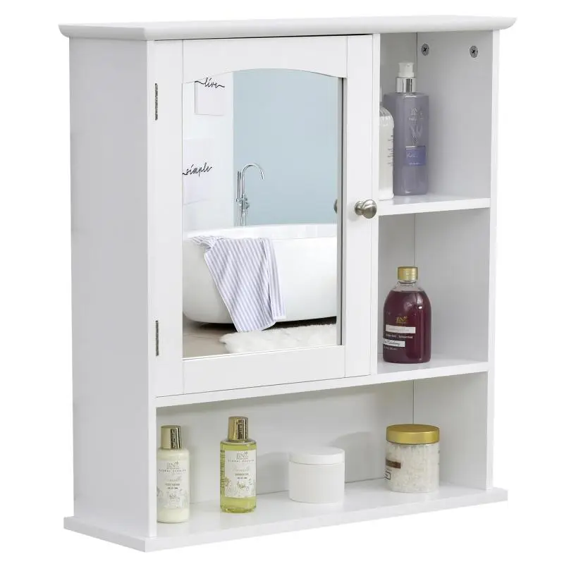 High-Capacity Mirrored Bathroom Cabinet – Wall-Mounted with Adjustable Internal Shelf and Open Shelves (60x18x63 cm, White)