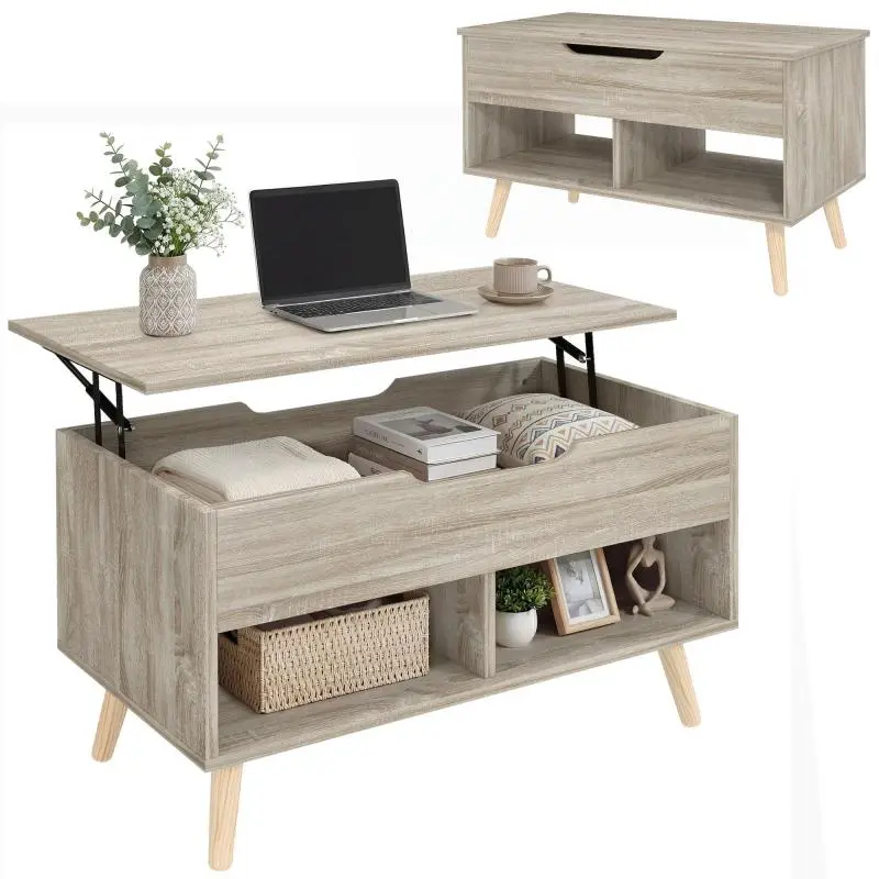 Lift-top coffee table, living room table with hidden compartment and open shelves, 75 x 40 x 58 cm, natural wood