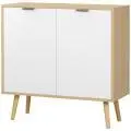 Living room sideboard, storage unit with 2 doors and an adjustable shelf, 77 x 35 x 77.5 cm, white and natural wood