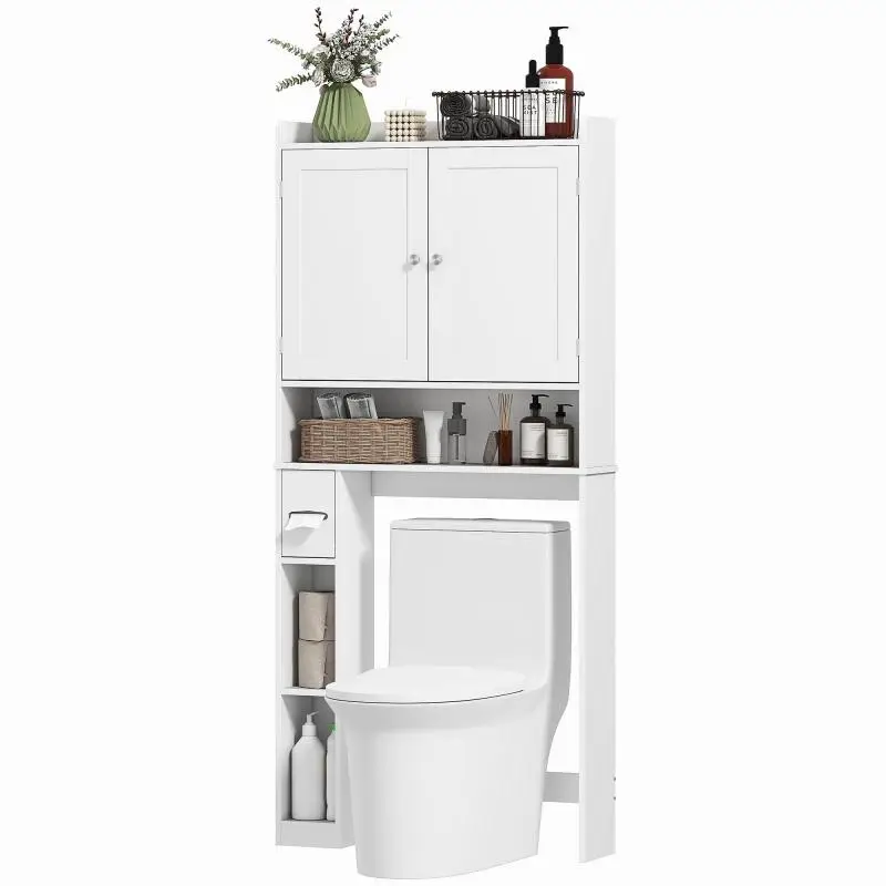 Storage unit for over the toilet or washing machine, 2 doors, 3 compartments, toilet paper holder, 80x19.5x170cm, white