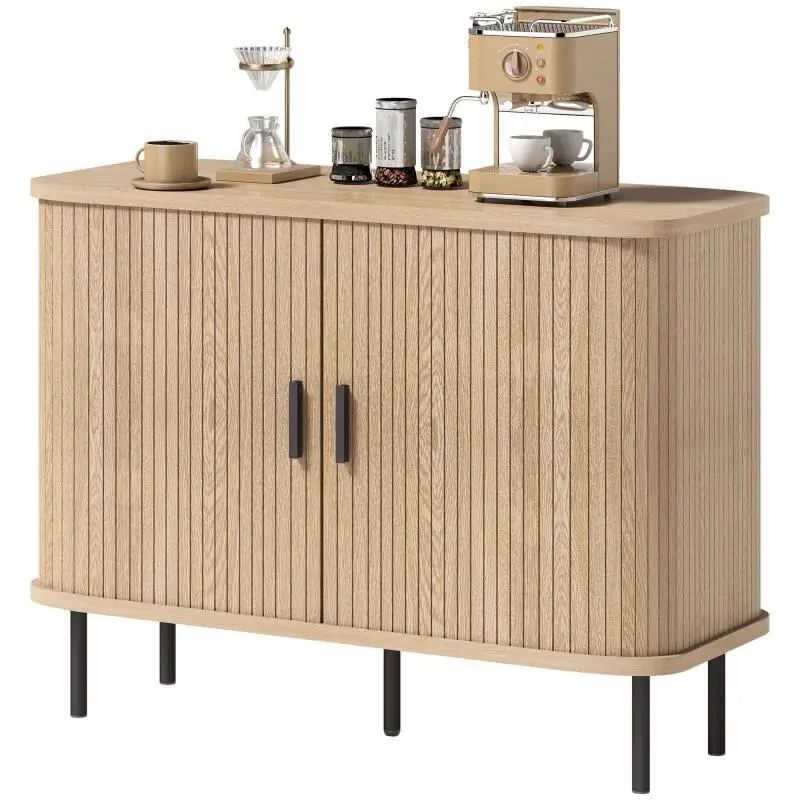 Living room sideboard, storage unit with 2 slatted tambour sliding doors and 4 compartments, oak