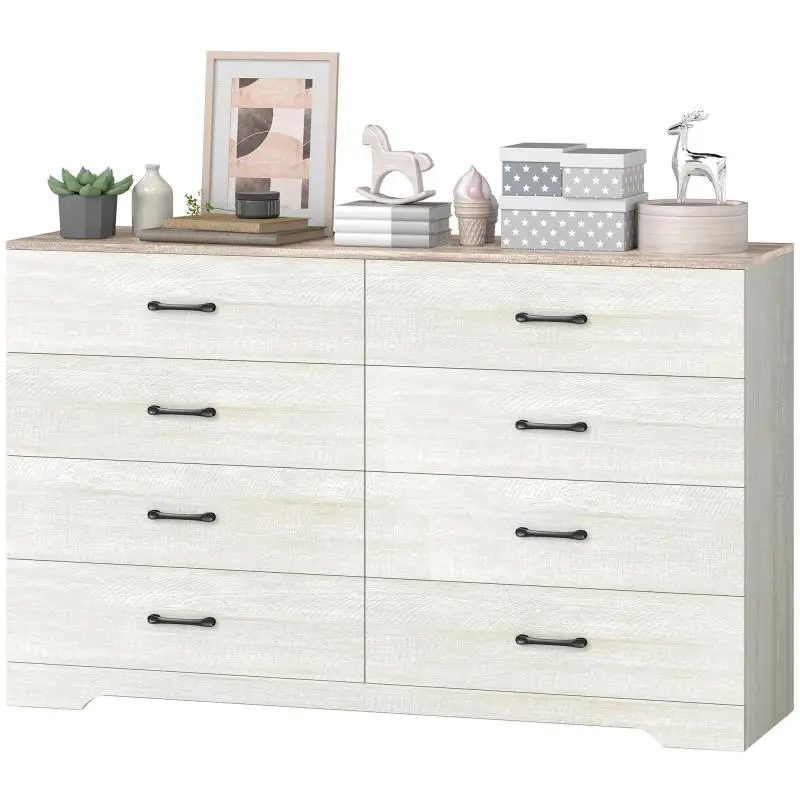 Modern 8-Drawer Wooden Chest of Drawers, 140x40x86 cm, Walnut and Light Gray