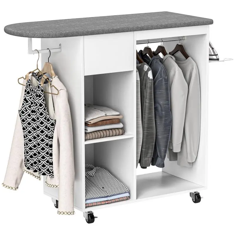 Ironing Station with Wheels and Iron Holder, Garment Rail, Drawer, and Shelves, 125x43.5x112cm, White