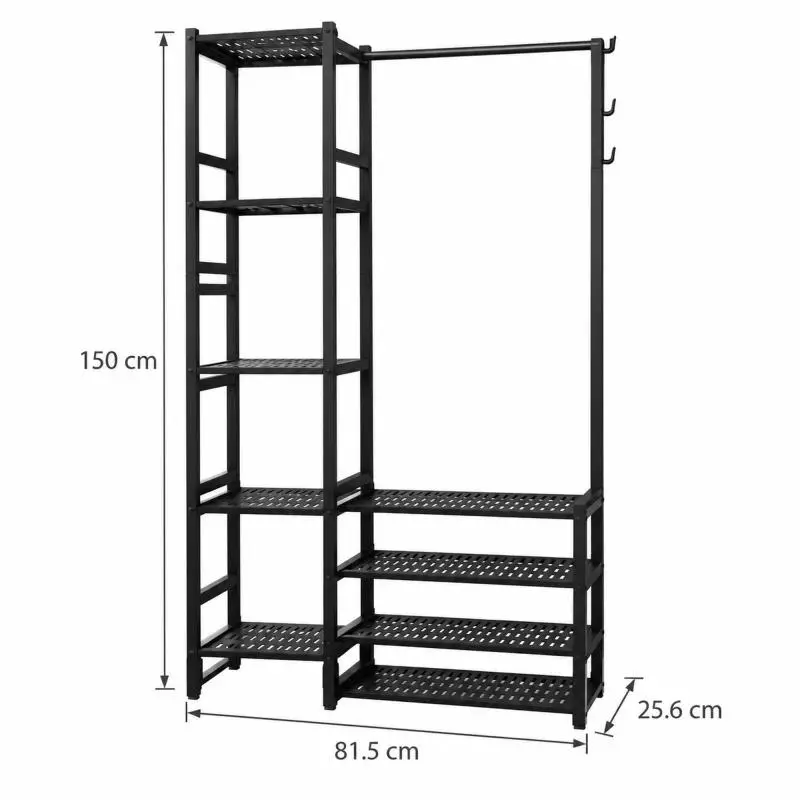 Freestanding Clothes Rail with 6 Shelves 81.5 × 25.6 × 150 cm, Large Metal Garment Rack with Side Hooks, Open Wardrobe for Hallway, Bedroom and Dressing Room
