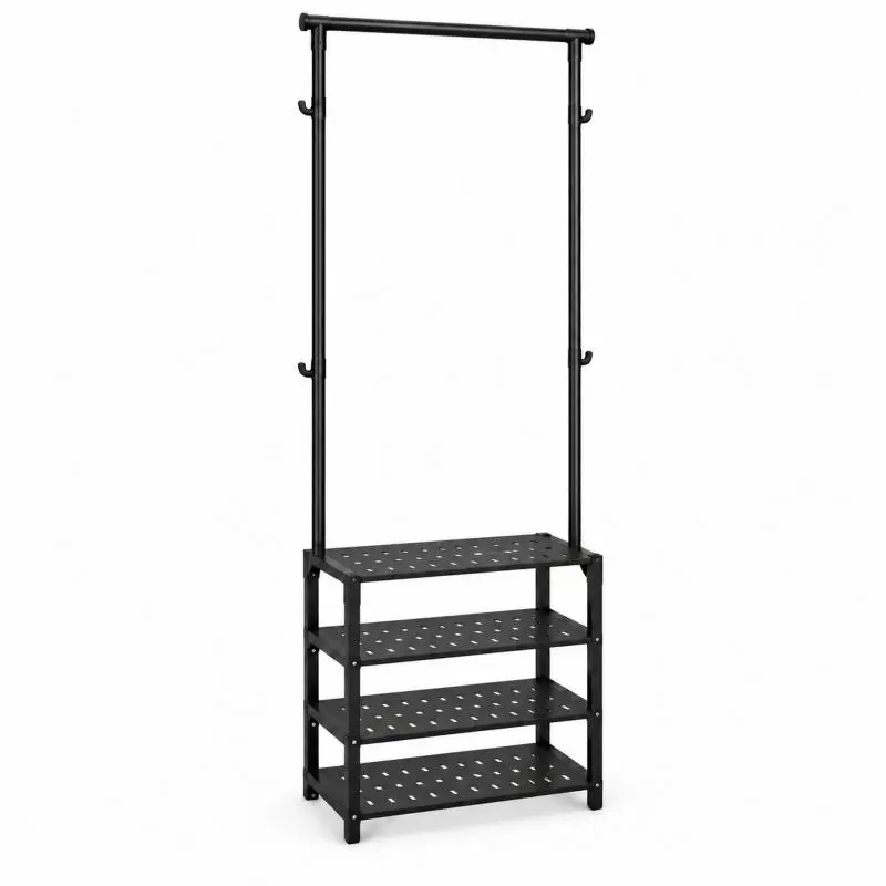 Freestanding Clothes Rail with 3 Shoe Shelves 51 × 25.6 × 150 cm, Metal Hallway Coat Rack with Side Hooks, Space-Saving Garment Stand for Entryway and Bedroom