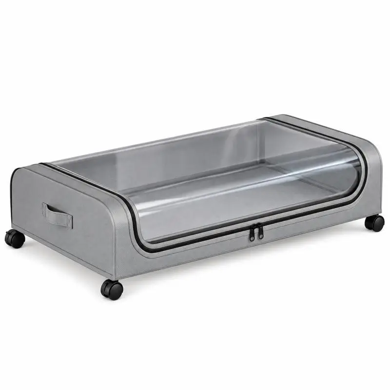 Under-Bed Storage Bag with Wheels 80 × 44 × 16 cm, Rolling Storage Box with Clear Window and Zip Lid, Foldable Organiser for Clothes, Bedding and Shoes - Grey