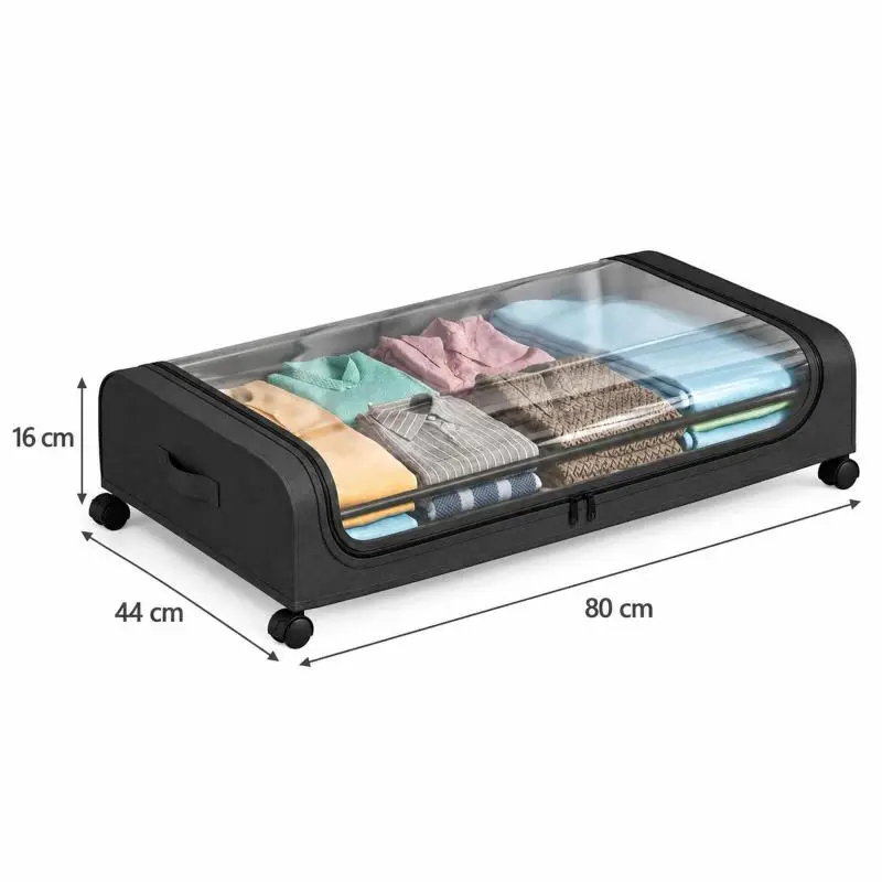 Under-Bed Storage Bag with Wheels 80 × 44 × 16 cm, Rolling Storage Box with Clear Window and Zip Lid, Foldable Organiser for Clothes, Bedding and Shoes - Black