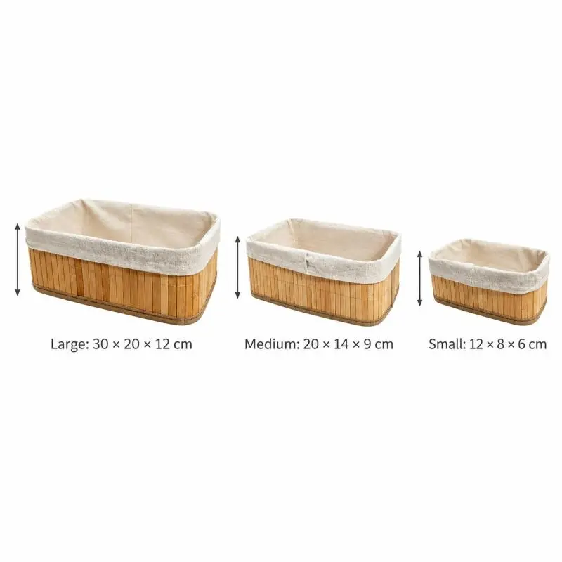 Set of 3 Carbonised Bamboo Storage Baskets with Cotton Liners, Rectangular Nesting Baskets for Shelves, Bathroom and Desk Organisation, 30/20/12 cm