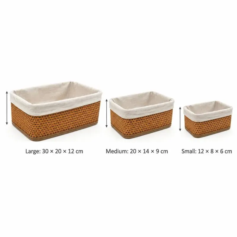 Set of 3 Woven Bamboo Storage Baskets with Cotton Liners, Rectangular Nesting Baskets for Shelves, Bathroom and Desk Organisation, 30/20/12 cm