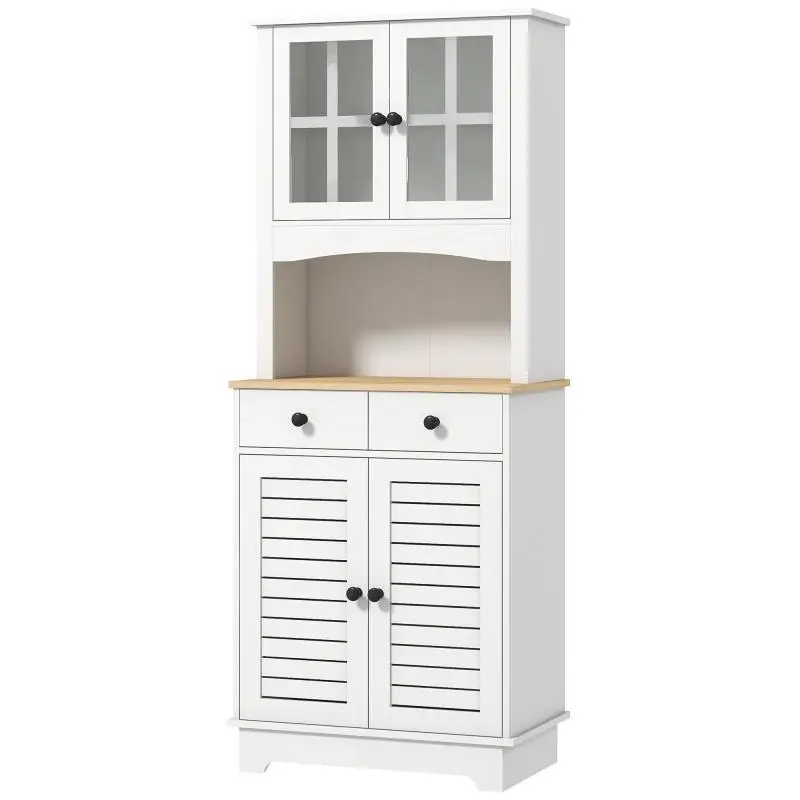 Kitchen cabinet with glass doors, 2 drawers, china cabinet, dining room cabinet, wood, 68 x 39.5 x 170 cm, white