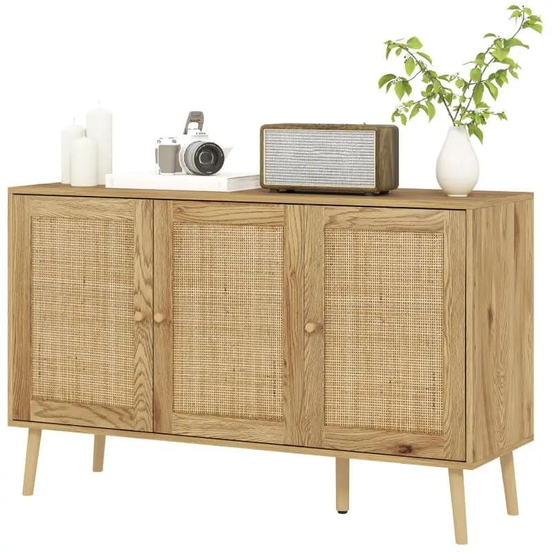 Bohemian-Style Living Room Sideboard with Rattan Doors and Adjustable Shelves, 120x40x75 cm, Natural Wood